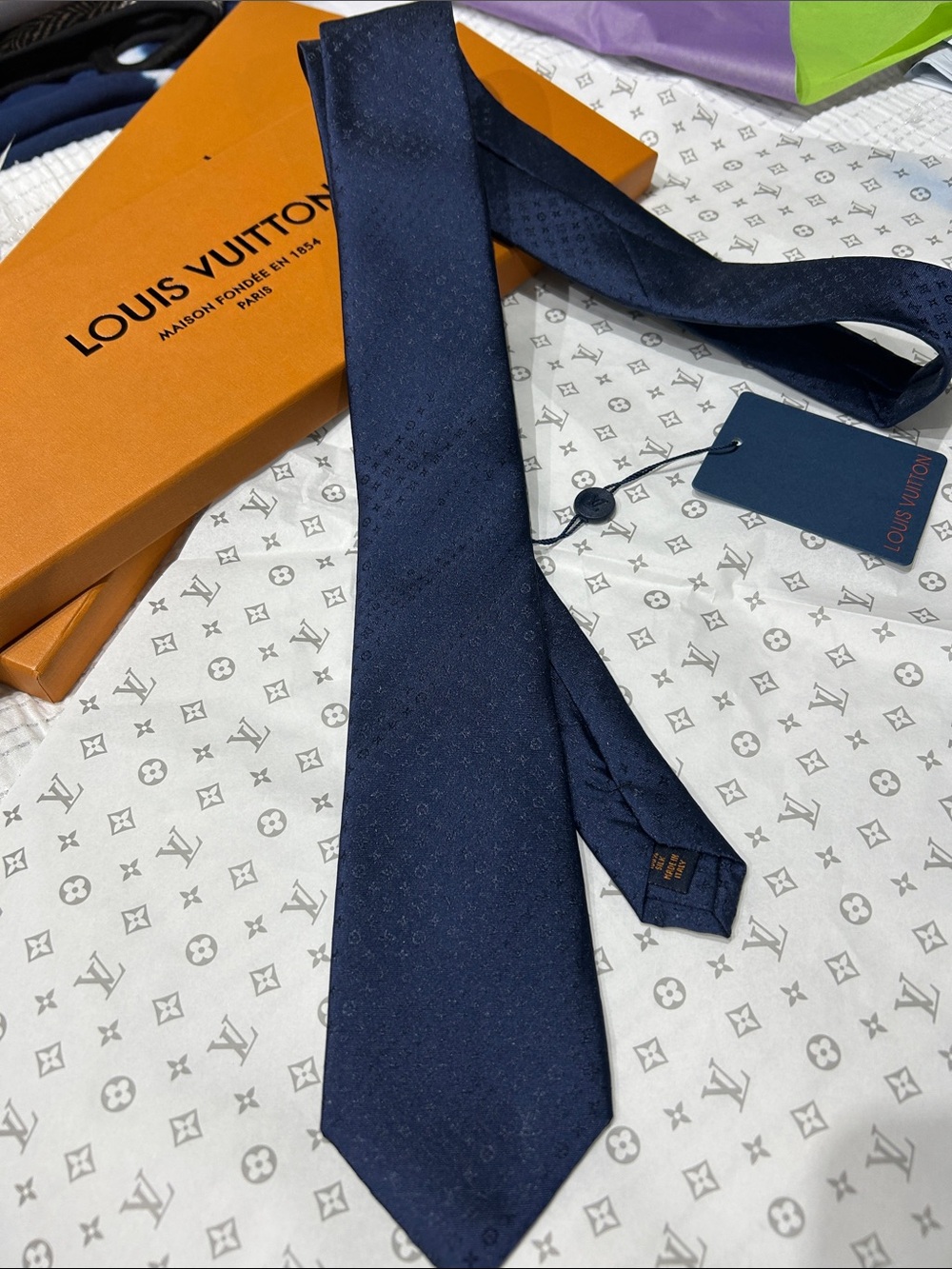 Louis Vuitton Navy Blue Silk Jacquard Tie